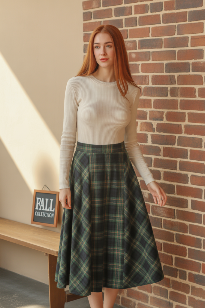 Plaid Midi Skirt + Fitted Sweater for a Classic Look