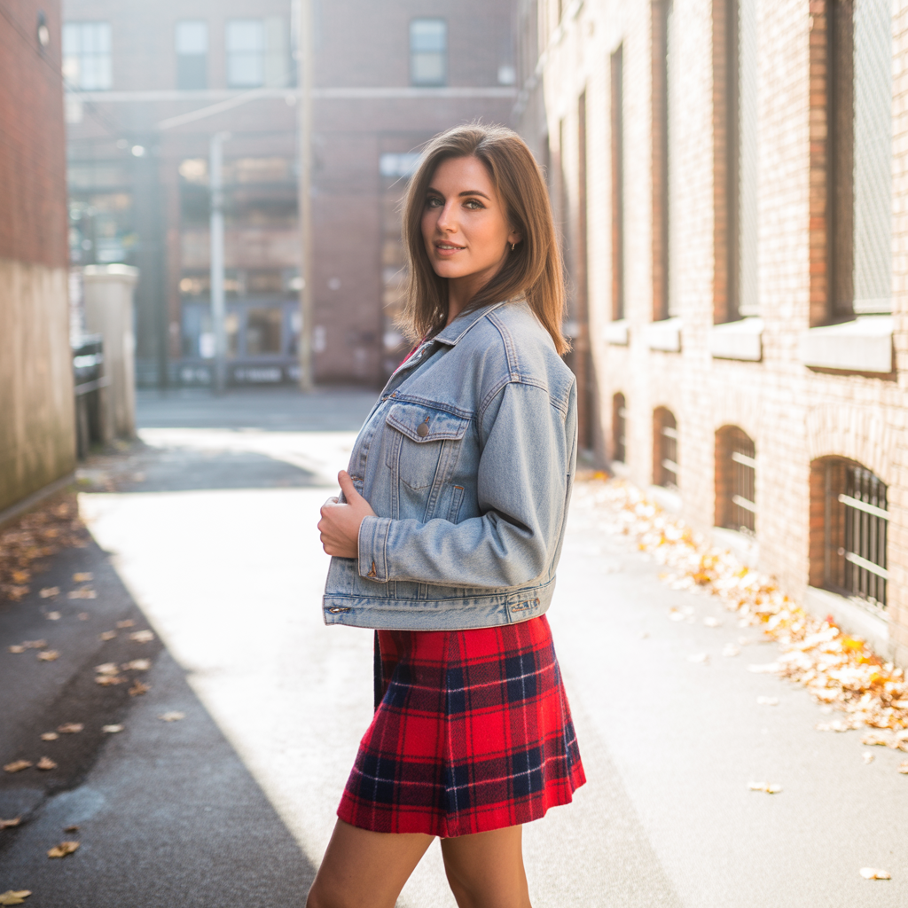 Plaid Skirt and Denim Jacket for a Casual, Laid-Back Outfit