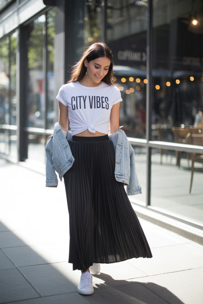 Pleated Black Maxi Skirt With Graphic Tee