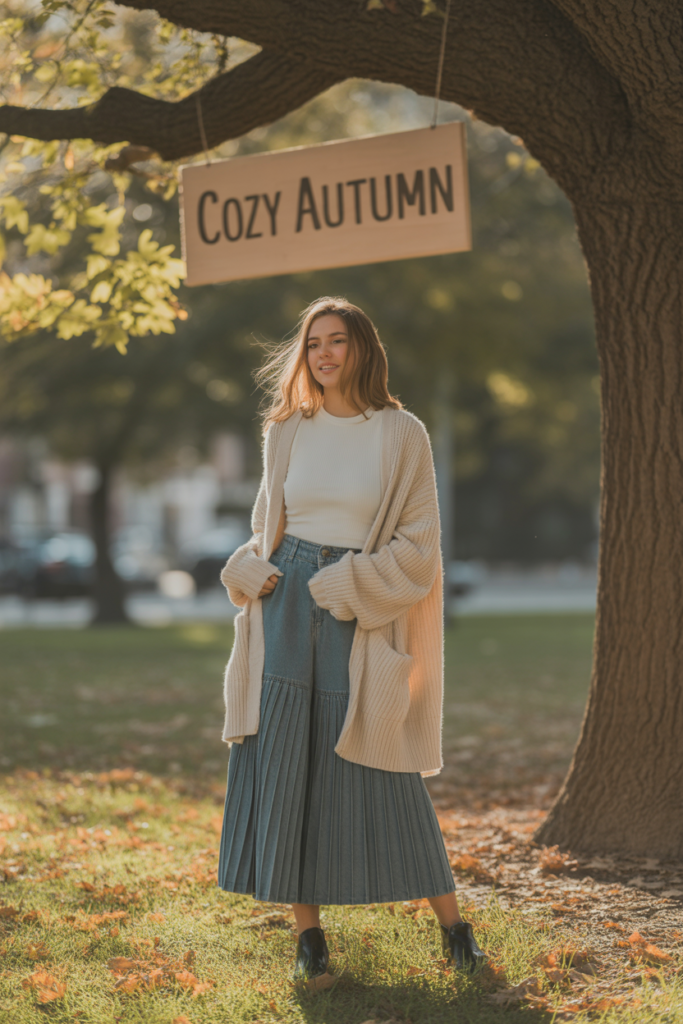 Pleated Denim Skirt + Long Cardigan for a Cozy Autumn Look