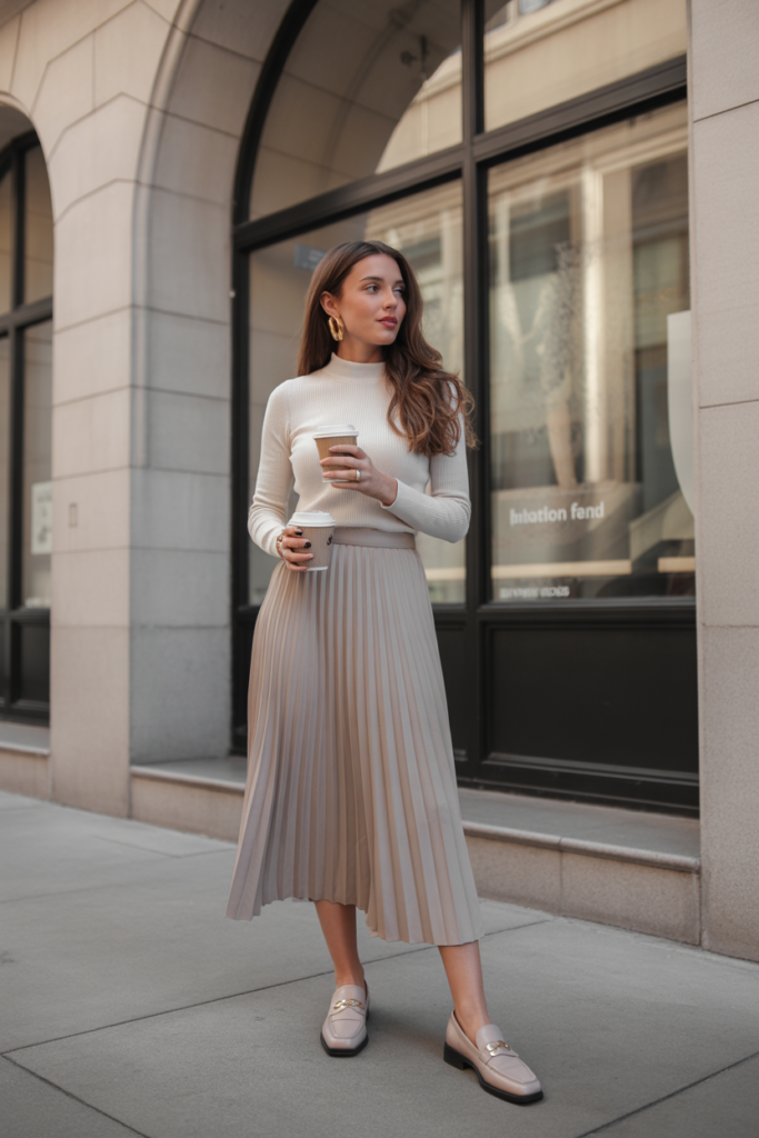 Pleated Midi Skirt + Knit Top + Loafers