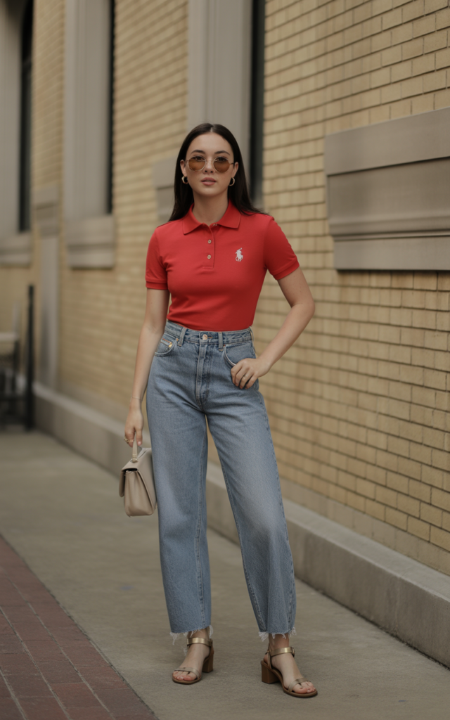 Polo Shirt + High-Waisted Jeans + Sandals