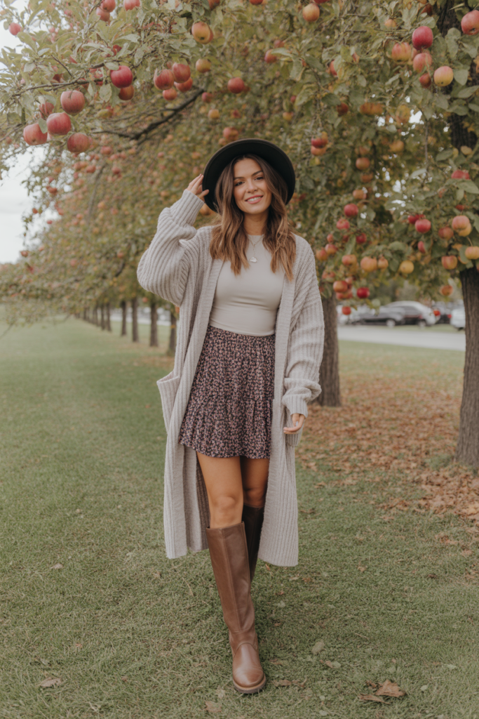 Printed Mini Skirt + Long Cardigan + Boots