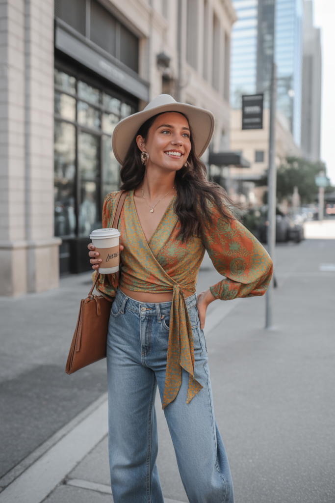 Printed Wrap Top + Straight Jeans