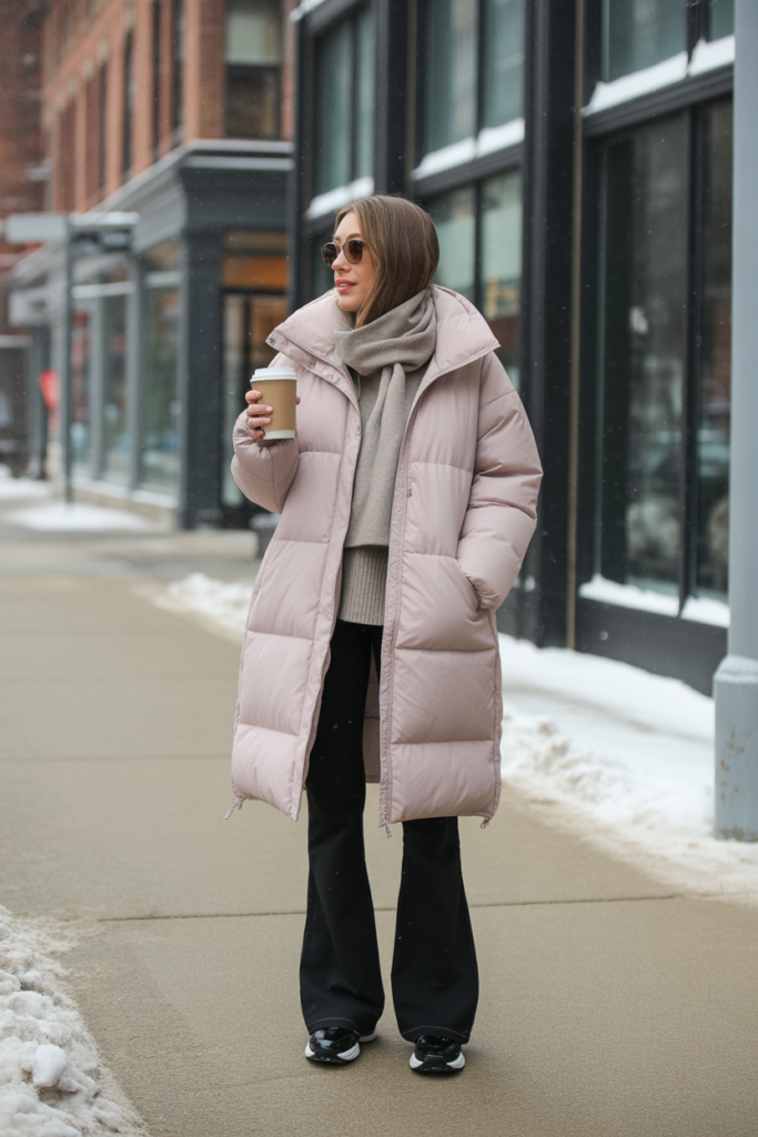 Puffer Coat + Thermal + Flared Yoga Pants
