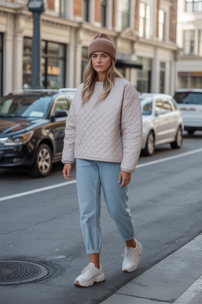 Quilted Pullover + Jeans + Beanie