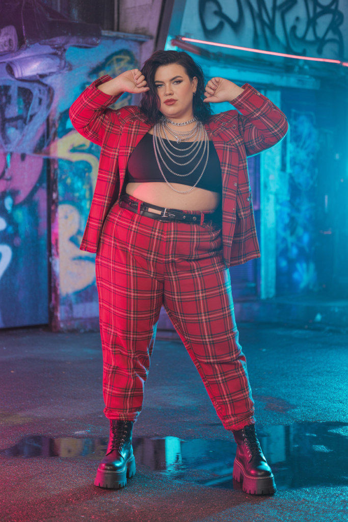 Red Plaid Pants With Black Crop Top And Chains
