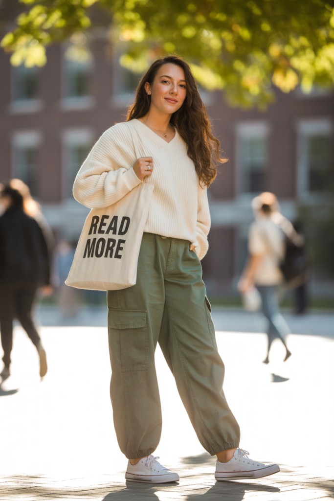 Relaxed V-Neck Sweater With Loose Cargo Pants