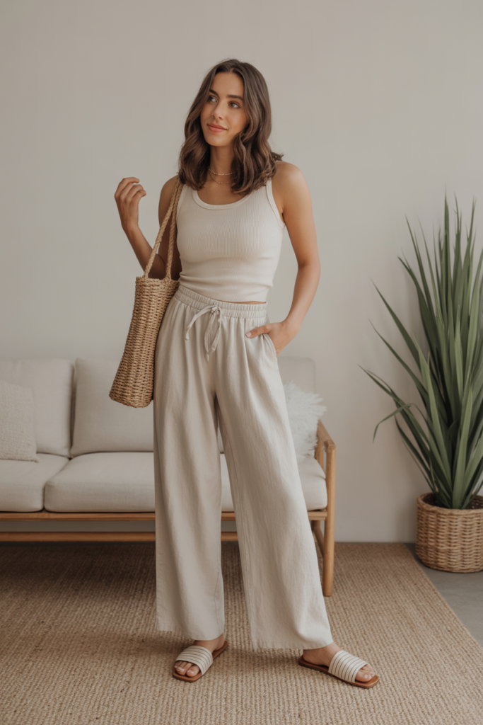 Ribbed Tank + Linen Pants + Slide Sandals