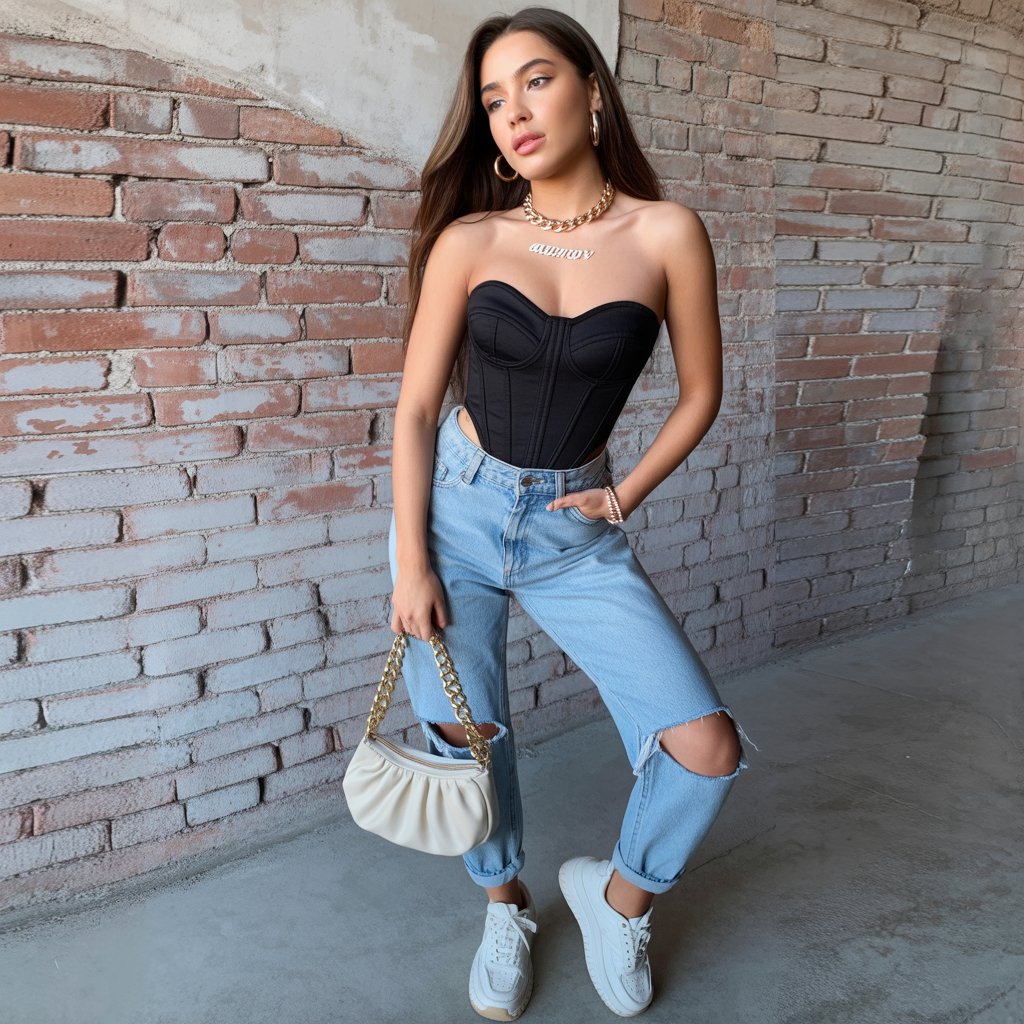 Ripped Mom Jeans With Corset Top