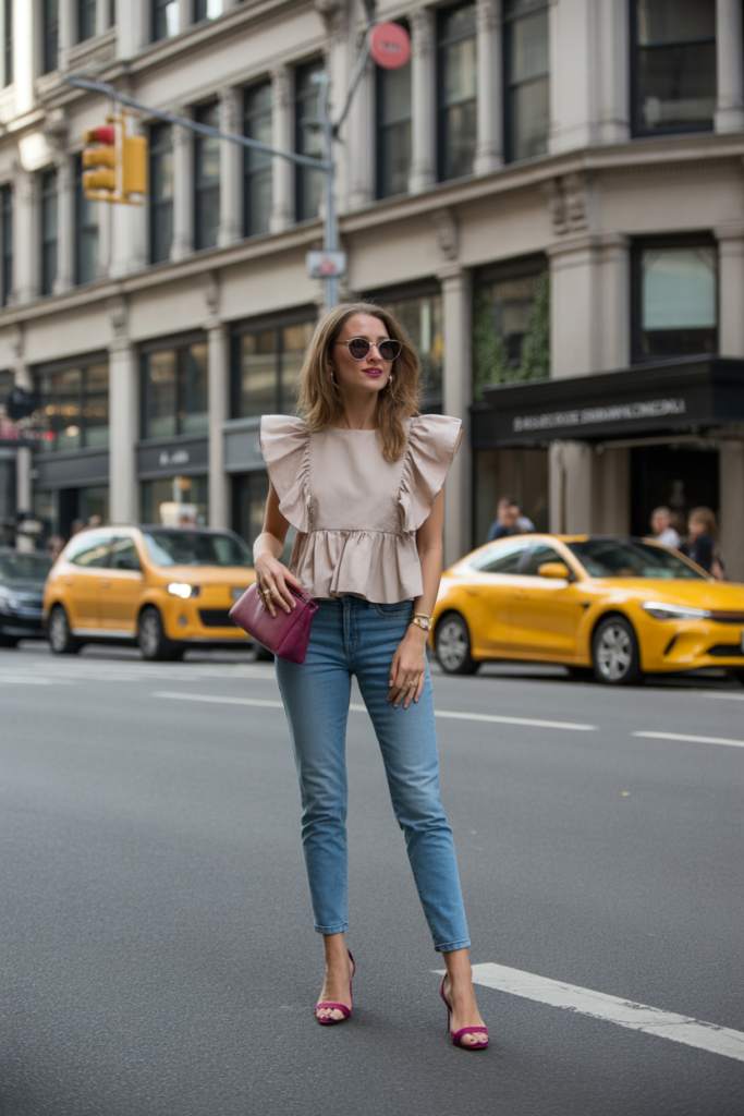 Ruffle Top + Skinny Jeans + Statement Heels