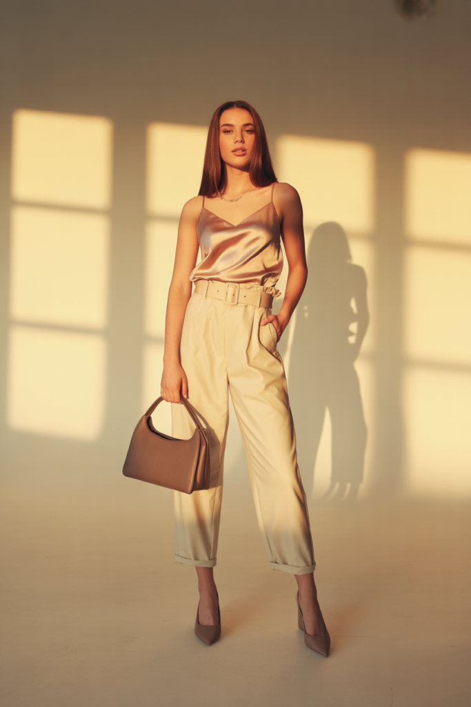 Satin Cami With Loose Paper Bag Pants