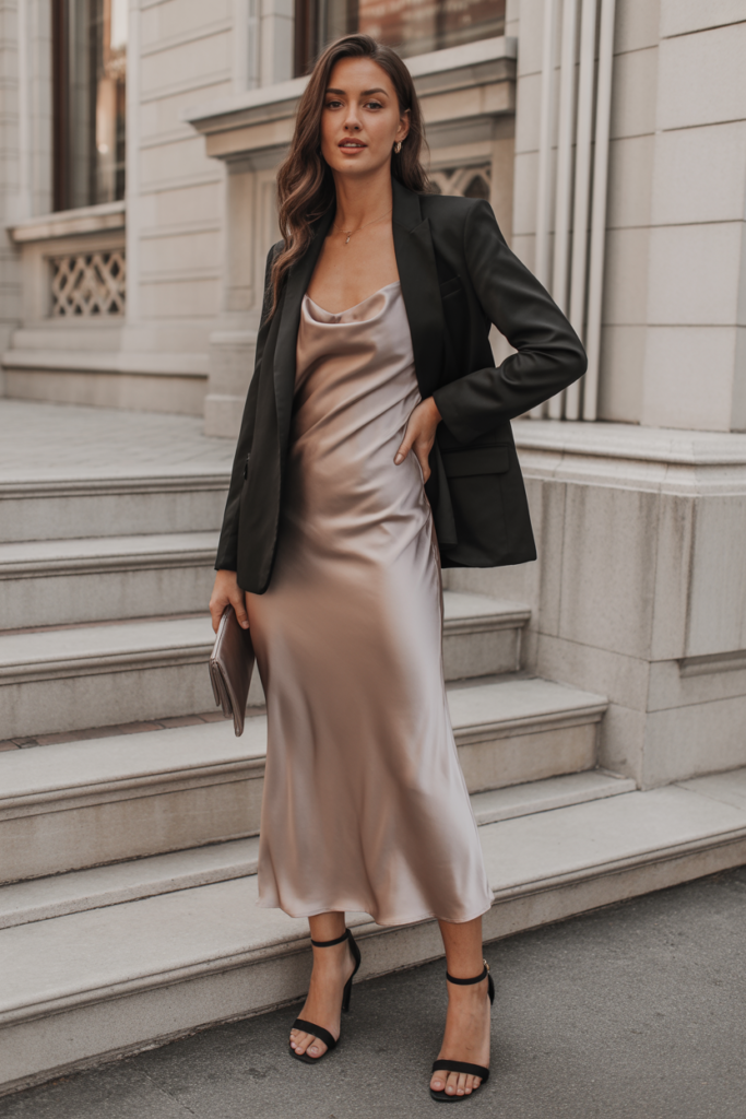 Satin Slip Dress with Blazer