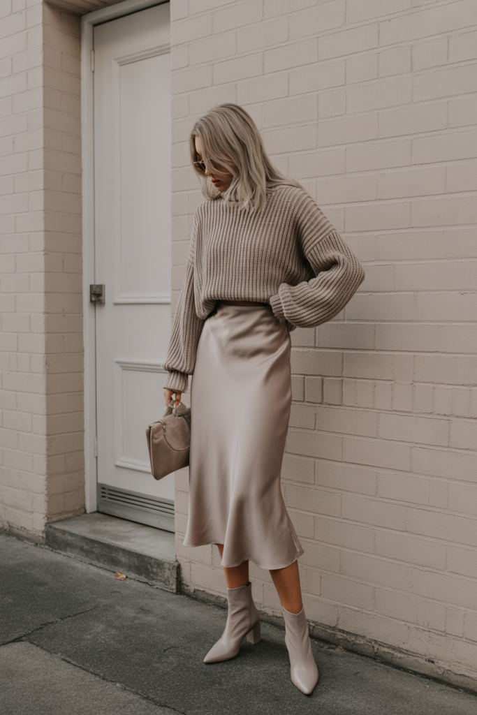 Satin Slip Skirt + Chunky Knit + Boots