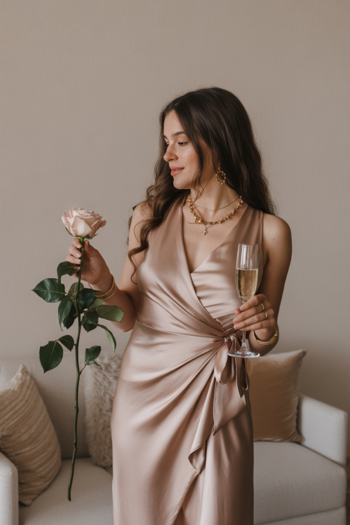 Satin Wrap Dress + Gold Accessories