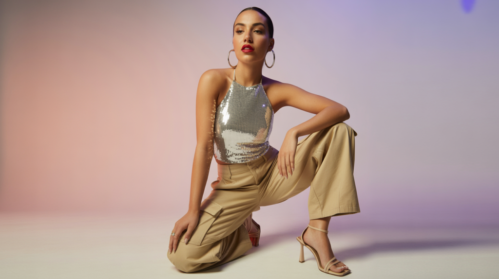 Sequin Top With Baggy Pants And Heels