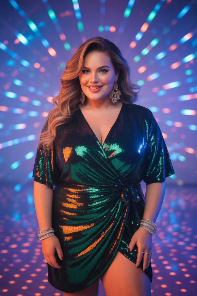 Sequin Wrap Dress + Statement Earrings + Wavy Hair