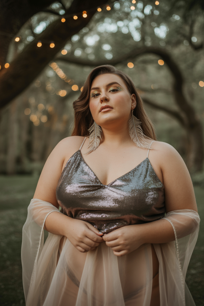 Sequined Top + Sheer Skirt + Glitter Makeup