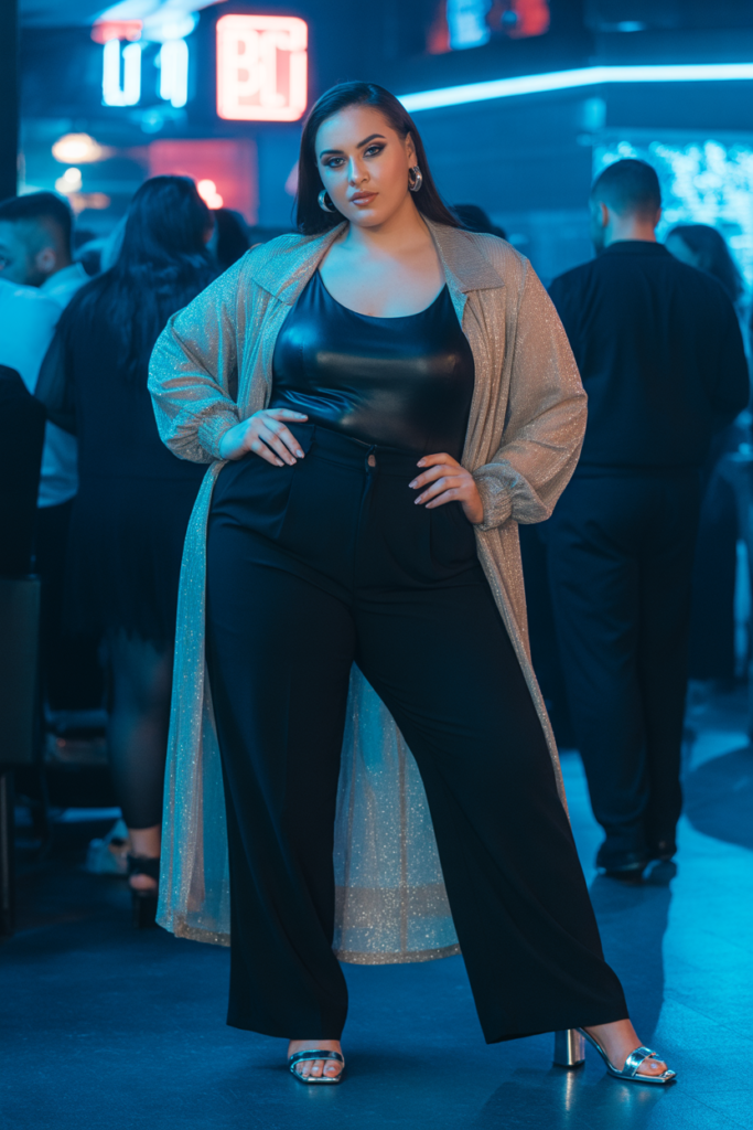Sheer Duster Over Bodysuit + Wide-Leg Pants + Block Heels