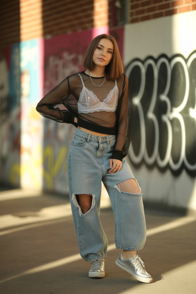 Sheer Top + Bralette + Baggy Jeans