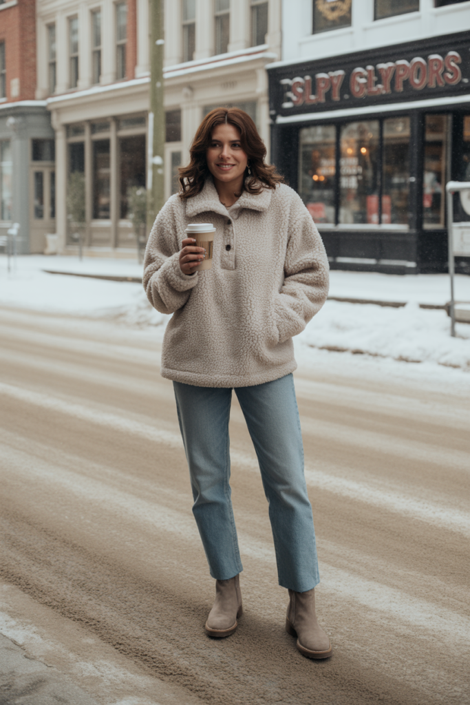 Sherpa Pullover + Straight-Leg Jeans