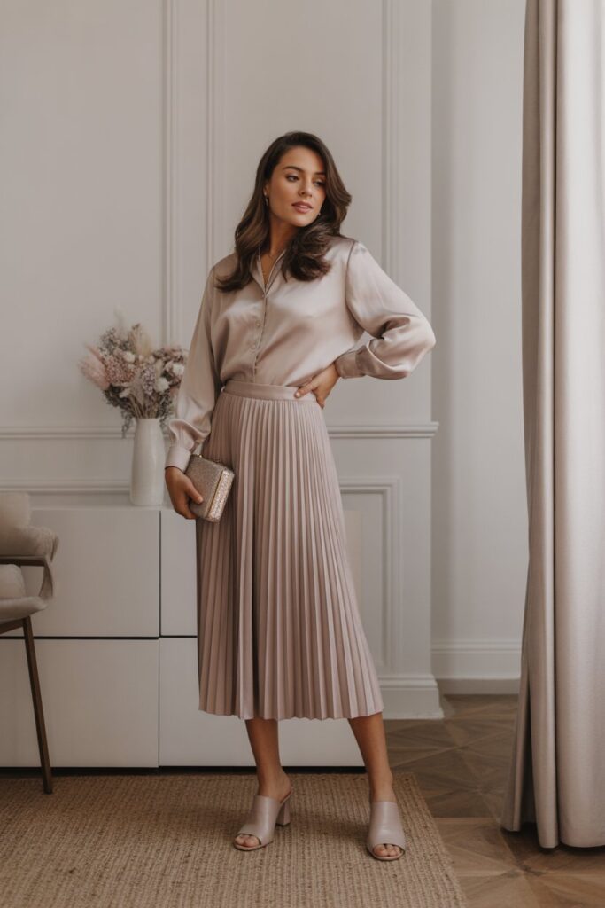 Silk Blouse + Pleated Midi Skirt + Mules