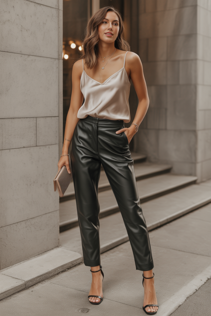 Silk Cami + Leather Pants + Strappy Heels for a Chic Dinner Date