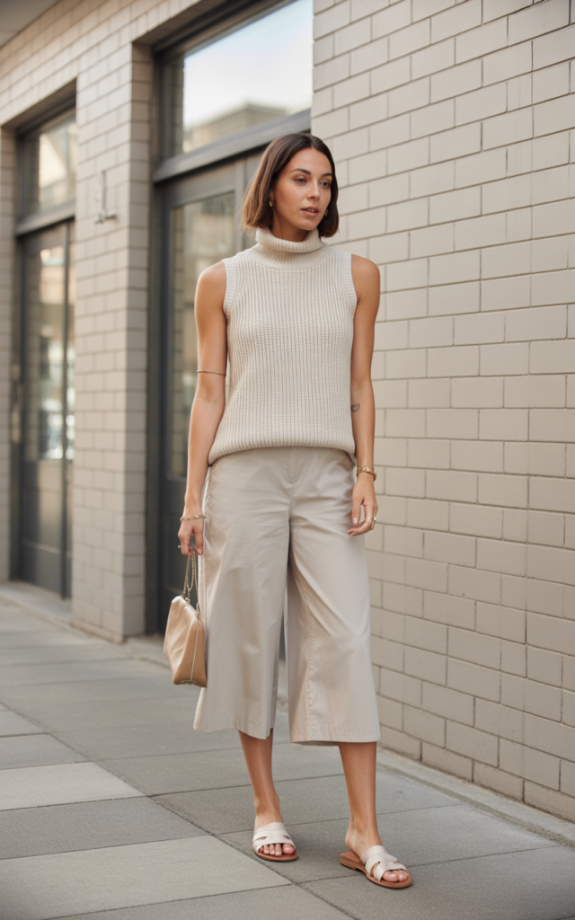 Sleeveless Sweater + Culottes + Slide Sandals