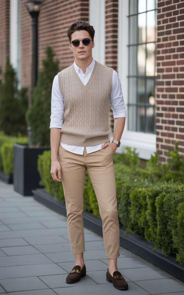 Slim Cargos + Knit Vest + Button Down