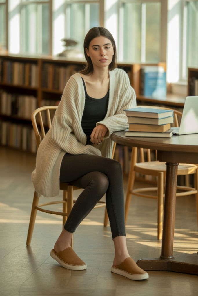 Slouchy Cardigan With Basic Tank And Leggings