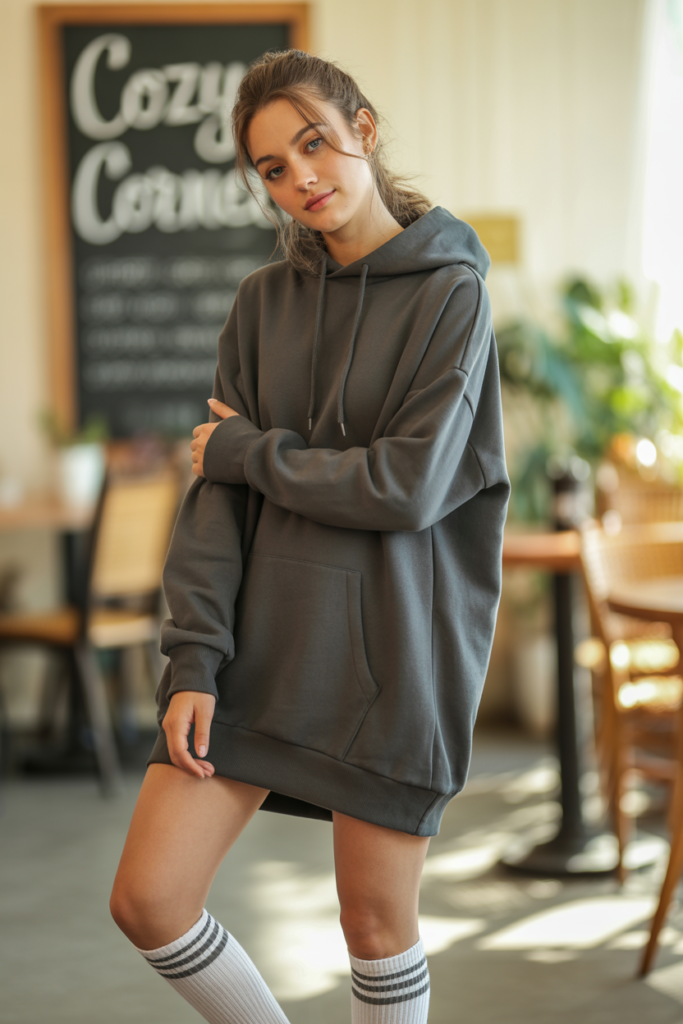 Slouchy Hoodie Dress With High Socks