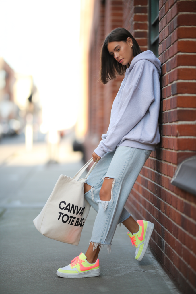 Slouchy Hoodie With Distressed Mom Jeans