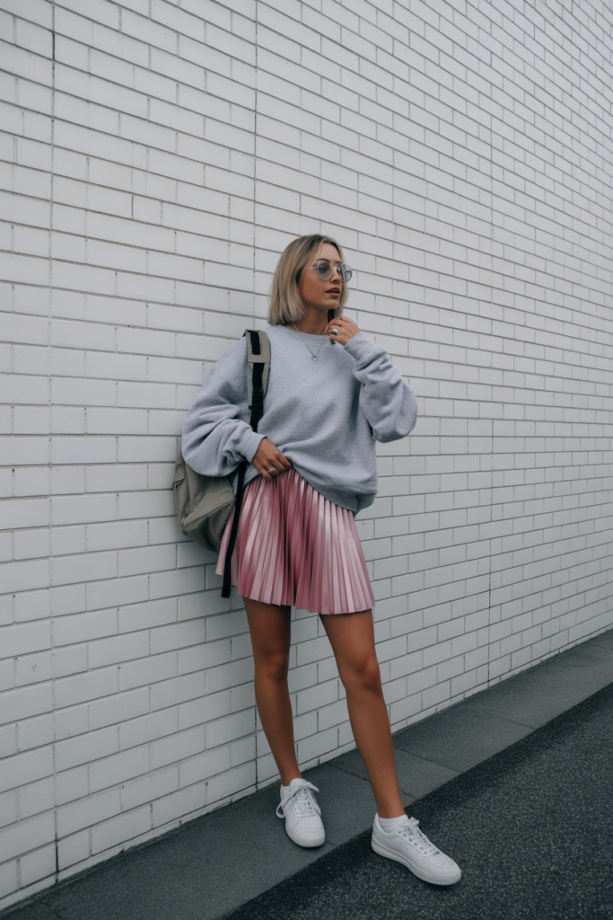 Slouchy Sweatshirt + Pleated Skirt + Sneakers