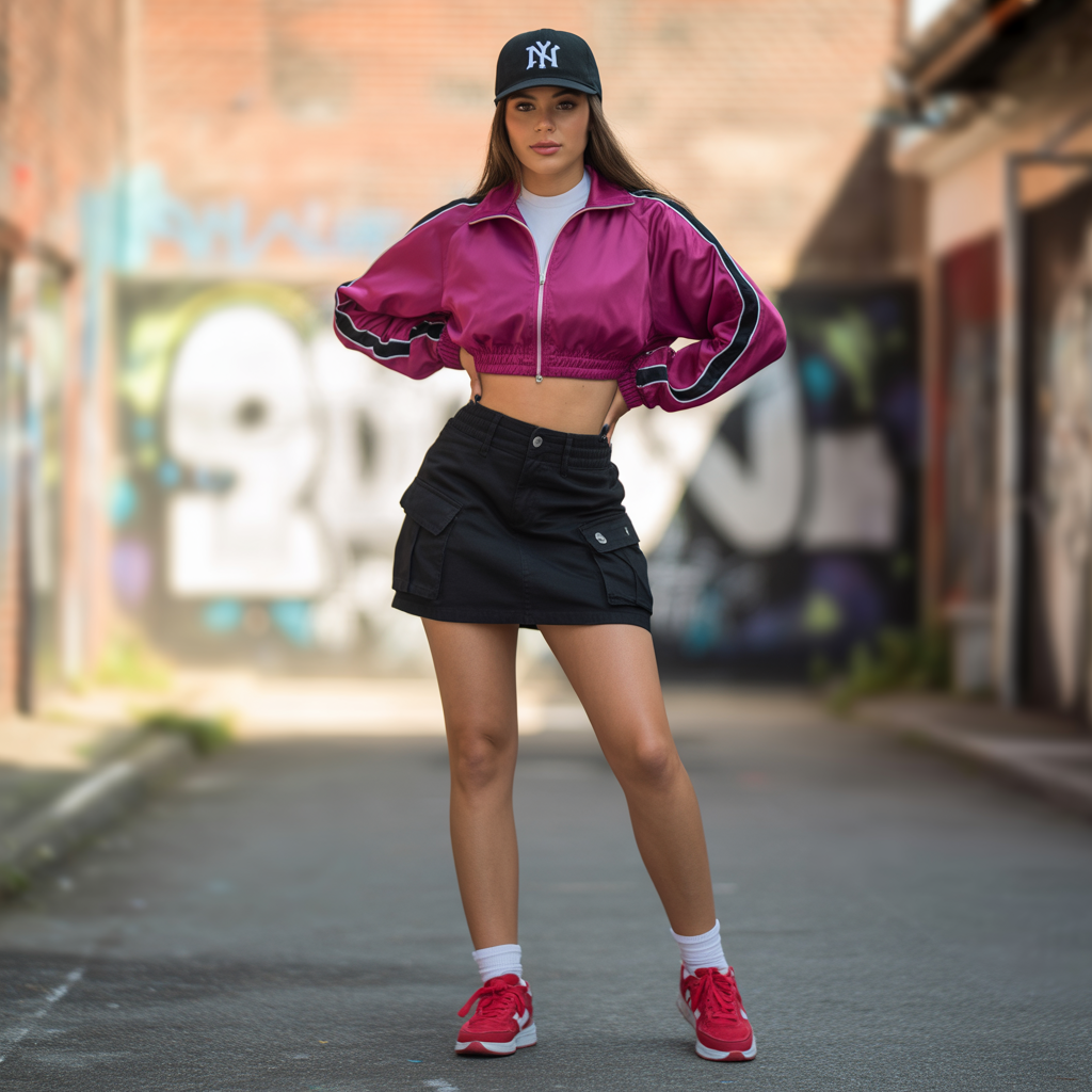 Sporty Cargo Skirt With Zip-Up Track Jacket
