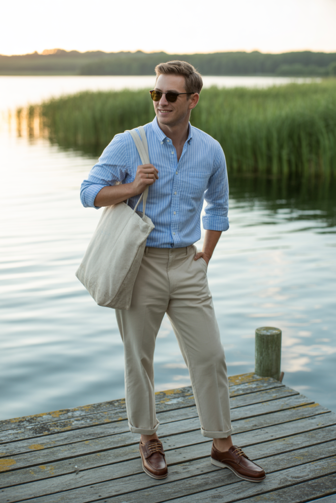 Striped Button-Down + Khakis For A Weekend Retreat
