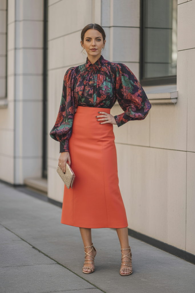 Structured Midi + Statement Blouse + Heels