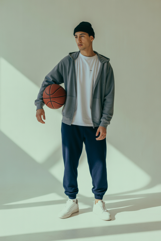 Sweatpants With Zip-Up Hoodie And Beanie