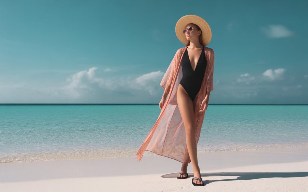 Swimsuit With Sheer Kimono And Flip Flops