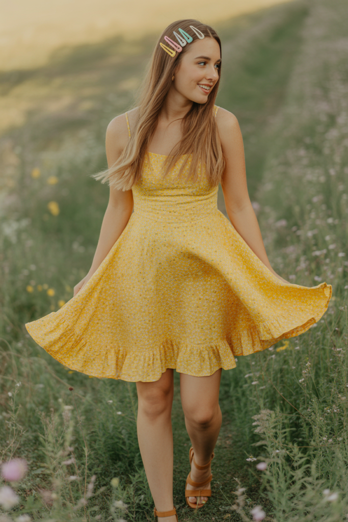 Swing Dress With Cute Hair Accessories