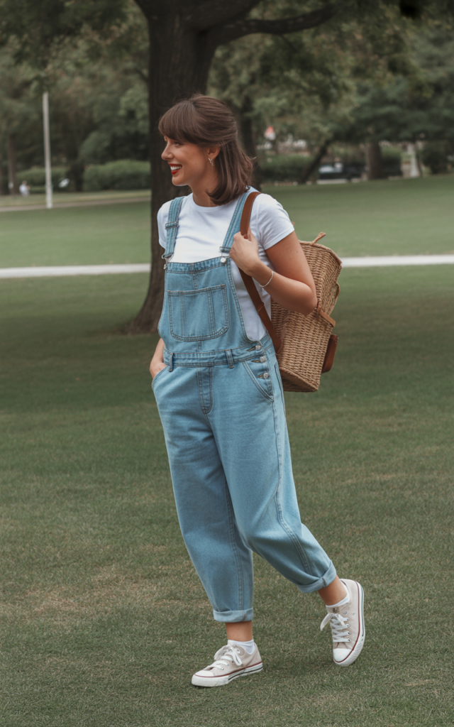 T-Shirt + Denim Overalls + Canvas Sneakers