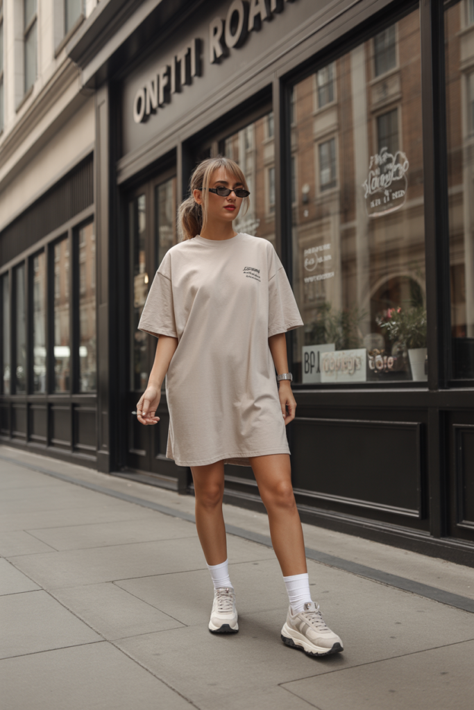 T-Shirt Dress + Crew Socks + Dad Sneakers