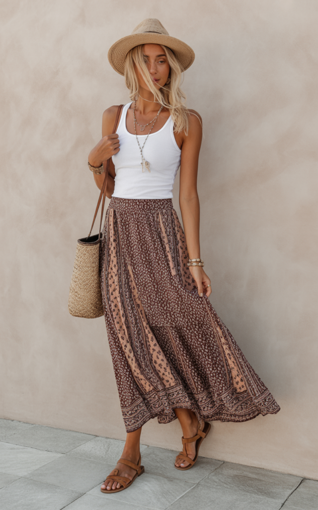 Tank Top + Patterned Maxi Skirt + Sandals