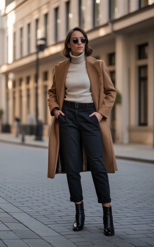 Tapered Cargos + Turtleneck + Long Coat