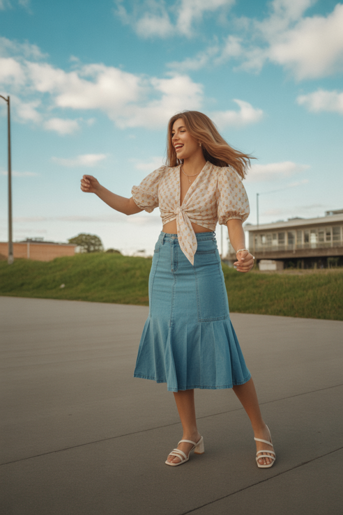 Tie-Front Top + Denim Midi Skirt