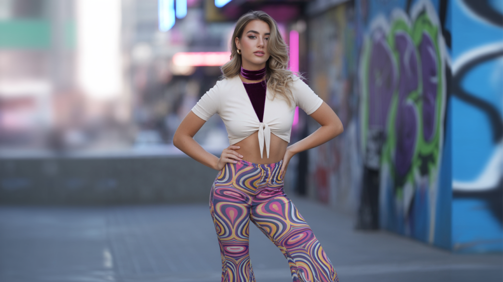 Tie-Front Top With Printed Pants And Choker Necklace