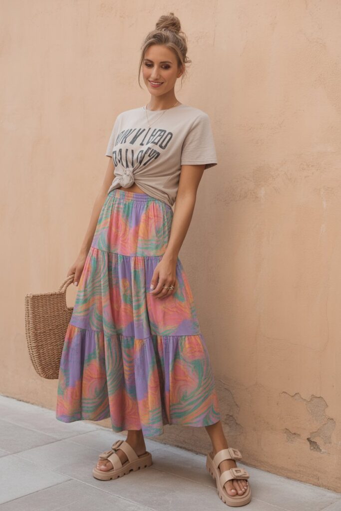 Tiered Maxi Skirt + Knotted Tee + Chunky Sandals
