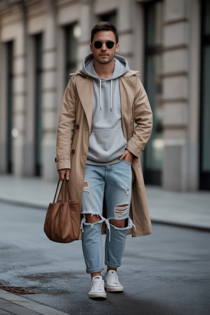 Trench Coat + Hoodie + Ripped Jeans