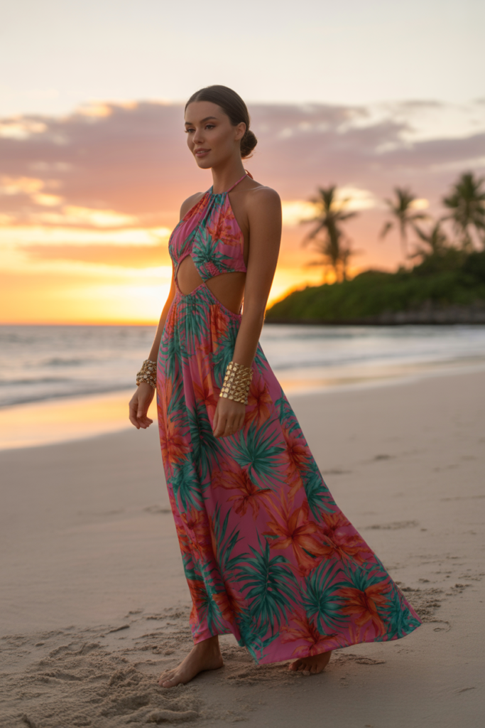 Tropical Print Maxi Dress For Sunset Cocktails