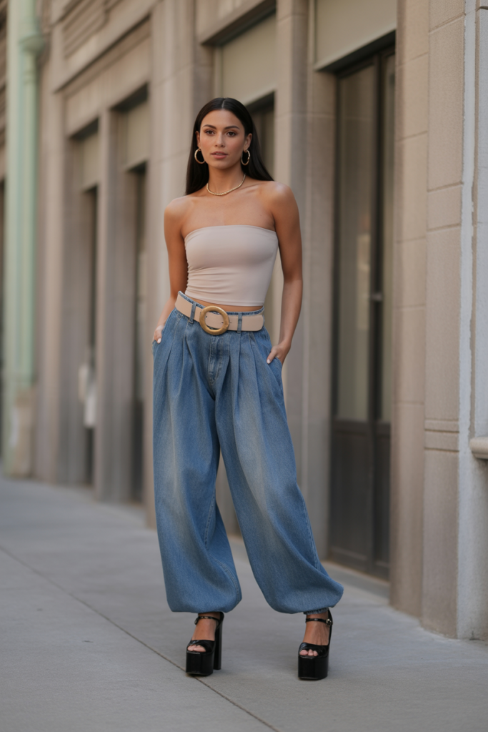 Tube Top + Baggy Jeans + Statement Belt