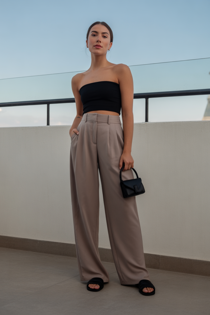 Tube Top + High-Waisted Trousers + Slides